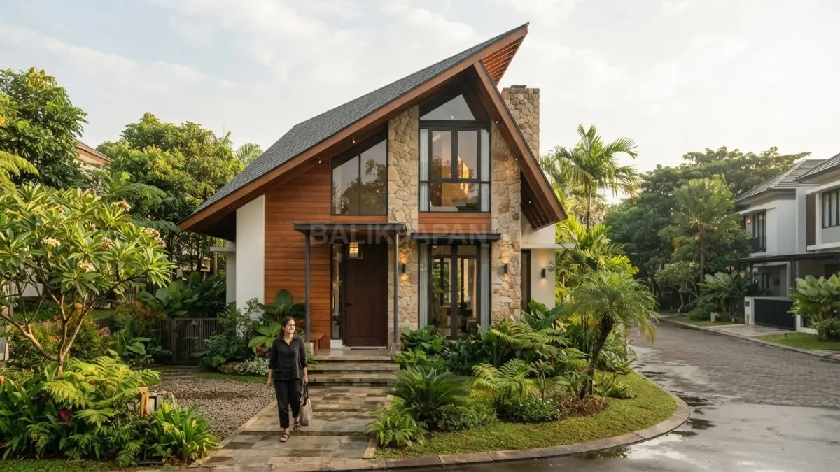 Rumah cottage dengan atap miring menghadirkan fasad hangat, natural, sederhana, dan berkarakter seperti dongeng (BTV/AI)
