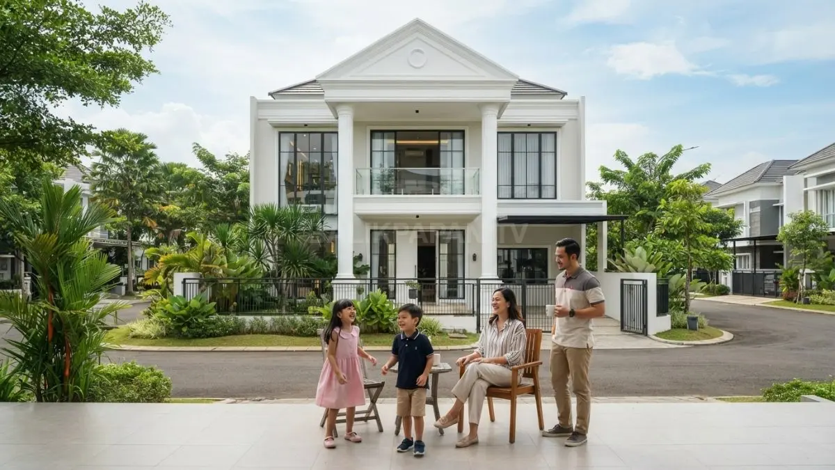 Rumah Greek Classic Modern memadukan kolom klasik, bukaan kaca besar, garis modern, dan fasad elegan berkarakter. (BTV/AI)