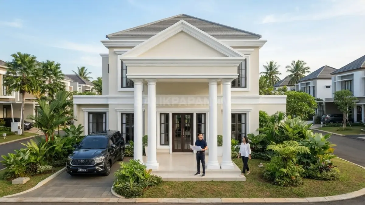Rumah Greek Revival menampilkan pedimen segitiga, kolom klasik, fasad simetris, dan warna terang yang elegan. (BTV/AI)