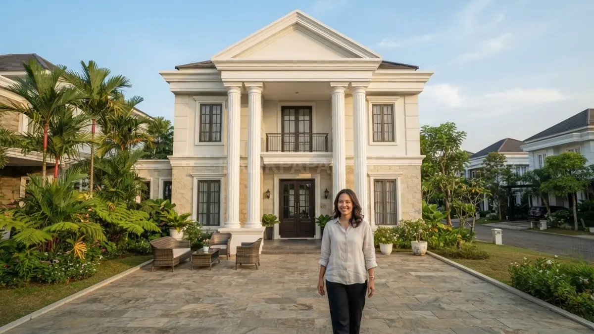 Rumah klasik gaya Yunani menampilkan fasad simetris, kolom, jendela berpasangan, dan teras luas yang elegan. (BTV/AI)