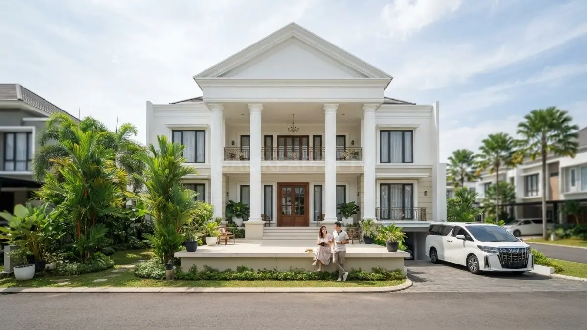 Rumah klasik gaya Yunani menampilkan kolom, pedimen, fasad simetris, teras luas, dan warna terang elegan. (BTV/AI)