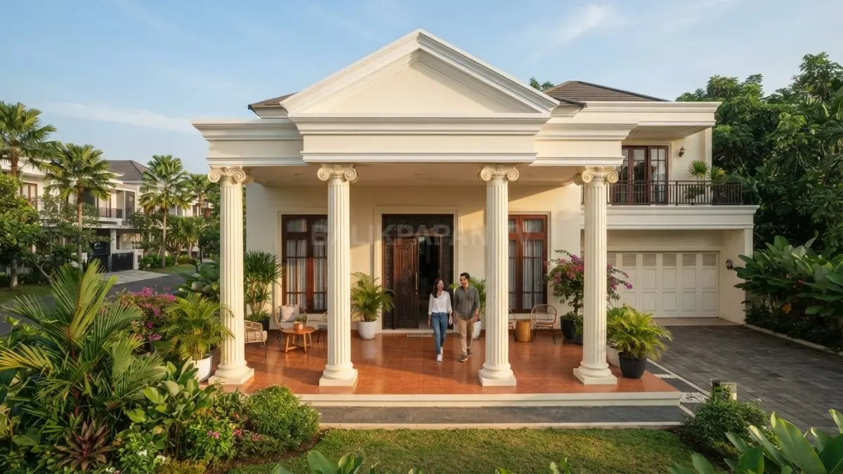 Rumah klasik Yunani dengan kolom Ionic menghadirkan fasad elegan melalui detail volute, warna terang, dan teras memanjang. (BTV/AI)