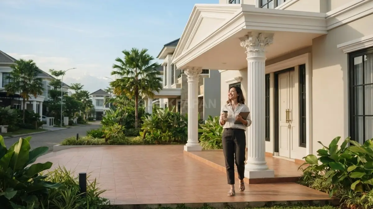 Rumah klasik Yunani dengan sentuhan Corinthian menghadirkan kolom dekoratif, ornamen acanthus, dan fasad elegan berkarakter. (BTV/AI)