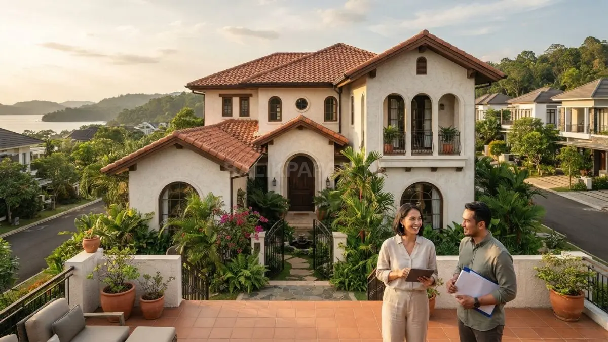 Rumah Mediterranean Spanish menghadirkan fasad krem, atap genteng, material kayu, dan teras hangat bernuansa alami. (BTV/AI)