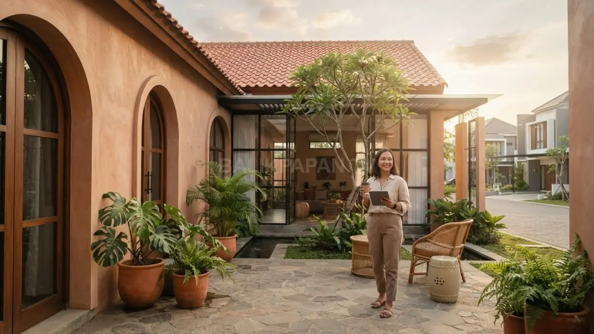 Rumah Modern Spanish memadukan dinding stucco, atap genteng, pintu kayu, lengkungan, dan bukaan kaca modern. (BTV/AI)