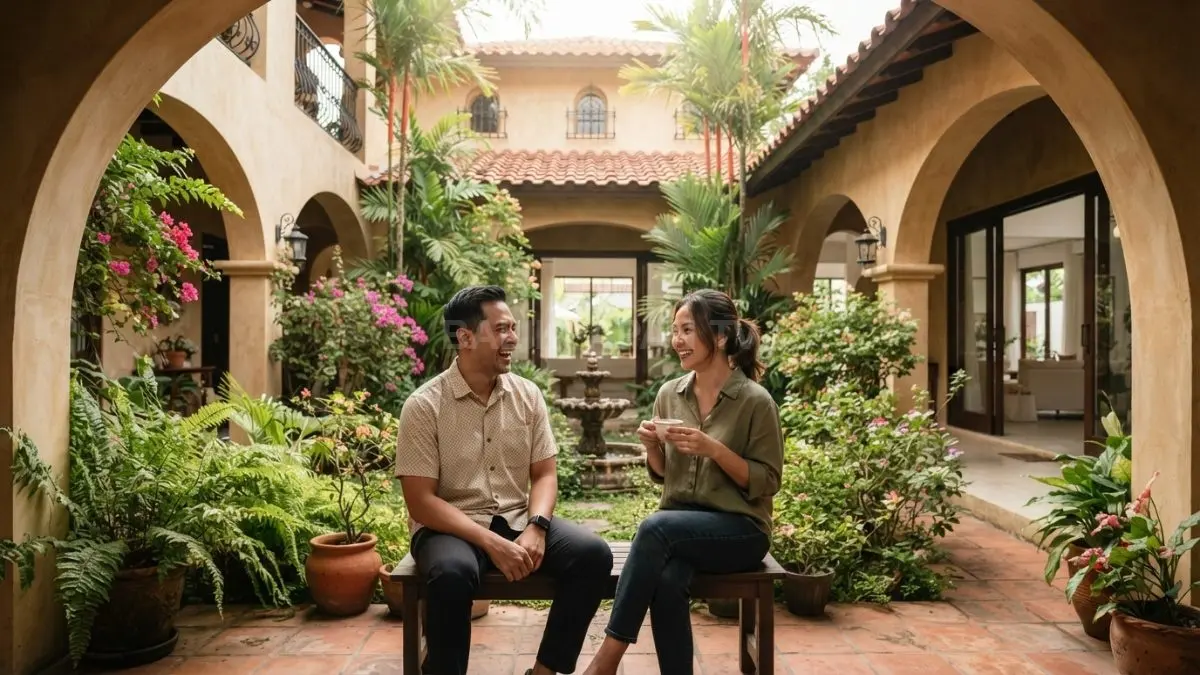 Rumah Spanish Colonial menghadirkan courtyard sebagai pusat hunian dengan tanaman tropis, lengkungan, dan material alami hangat. (BTV/AI)