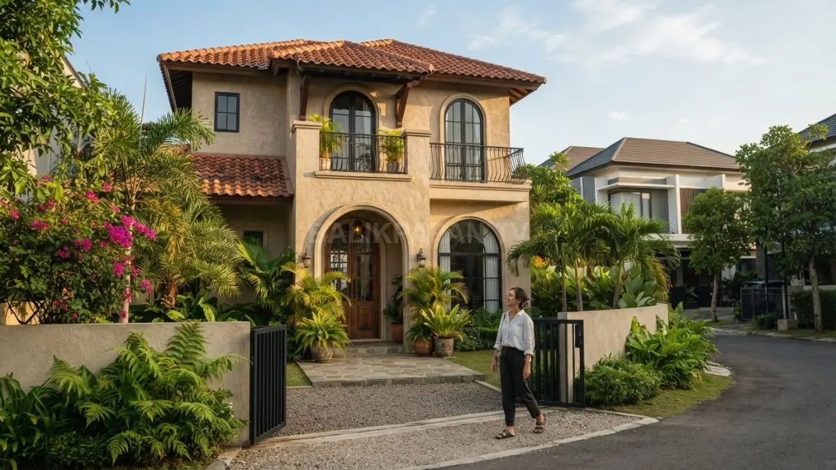 Rumah Spanish Revival memadukan stucco, pintu lengkung, genteng merah, dan detail klasik dengan fungsi modern. (BTV/AI)