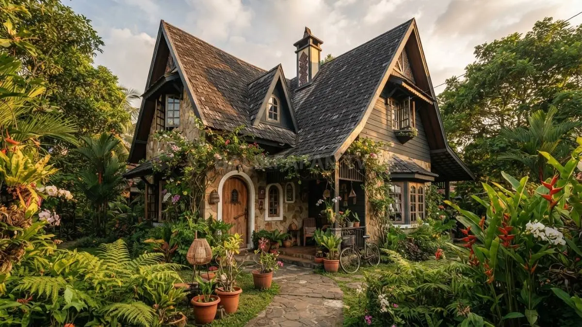 Rumah storybook dengan atap curam menciptakan siluet ekspresif sekaligus merespons hujan dan iklim tropis sehari-hari. (BTV/AI)