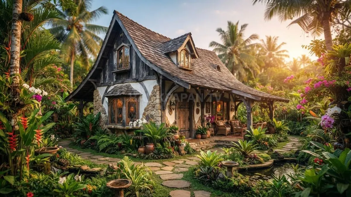 Rumah storybook menghadirkan atap curam, jendela unik, material natural, taman, dan nuansa dongeng yang nyaman. (BTV/AI)
