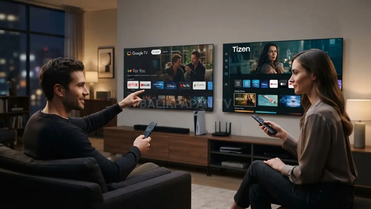 Smart TV adalah televisi pintar yang terhubung internet, sedangkan Google TV menawarkan sistem operasi, antarmuka, aplikasi, dan integrasi perangkat lebih terintegrasi (BTV/AI)