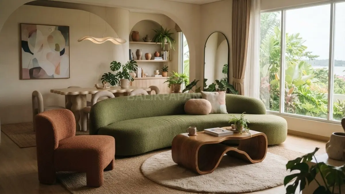 Sofa lengkung dan furnitur organik menghadirkan suasana hangat sekaligus memberi karakter unik pada ruang. (BTV/AI)