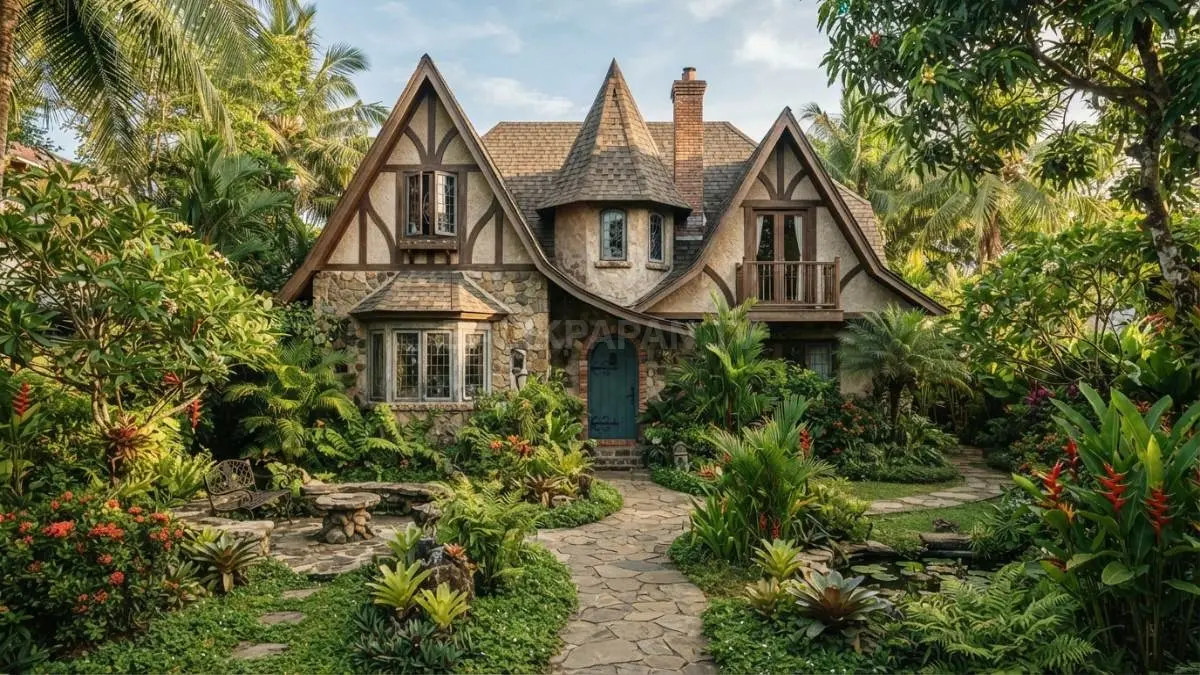 Taman memperkuat karakter rumah storybook melalui tanaman, jalur batu, semak, dan area duduk yang harmonis. (BTV/AI)