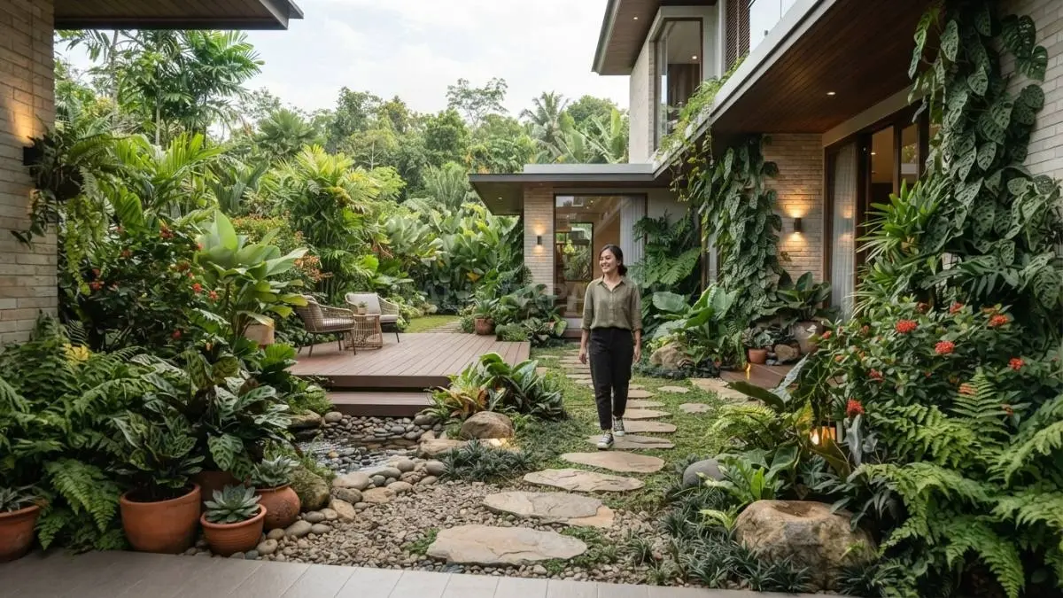 Taman natural menyatukan fasad, teras, dan lingkungan rumah melalui tanaman, batu, jalur pijakan, serta pencahayaan yang selaras (BTV/AI)