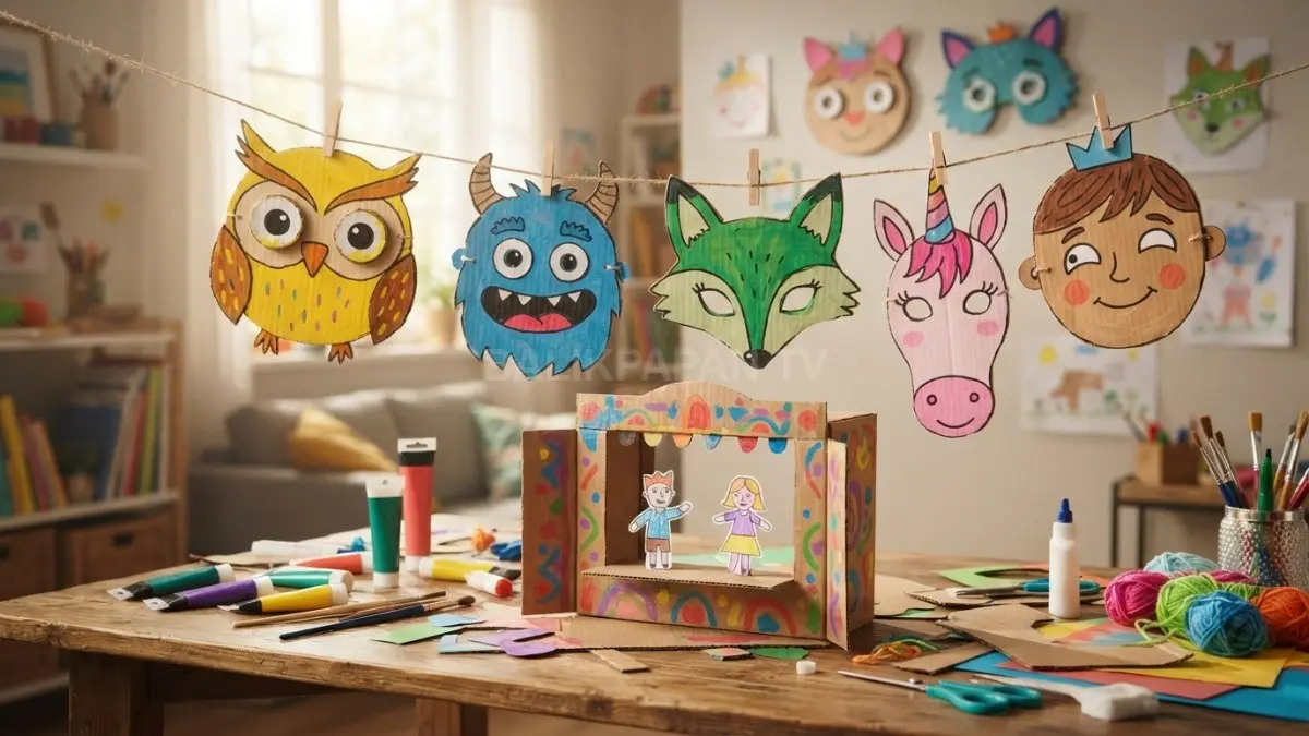 Topeng kartun dari karton menghadirkan karakter lucu dan kreatif sebagai dekorasi sekaligus properti bermain anak. (BTV/AI)