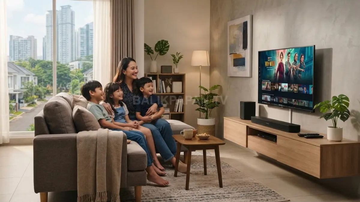 Ukuran layar dan jarak sofa menentukan kenyamanan menonton agar ruang keluarga tetap proporsional, nyaman, dan fungsional. (BTV/AI)
