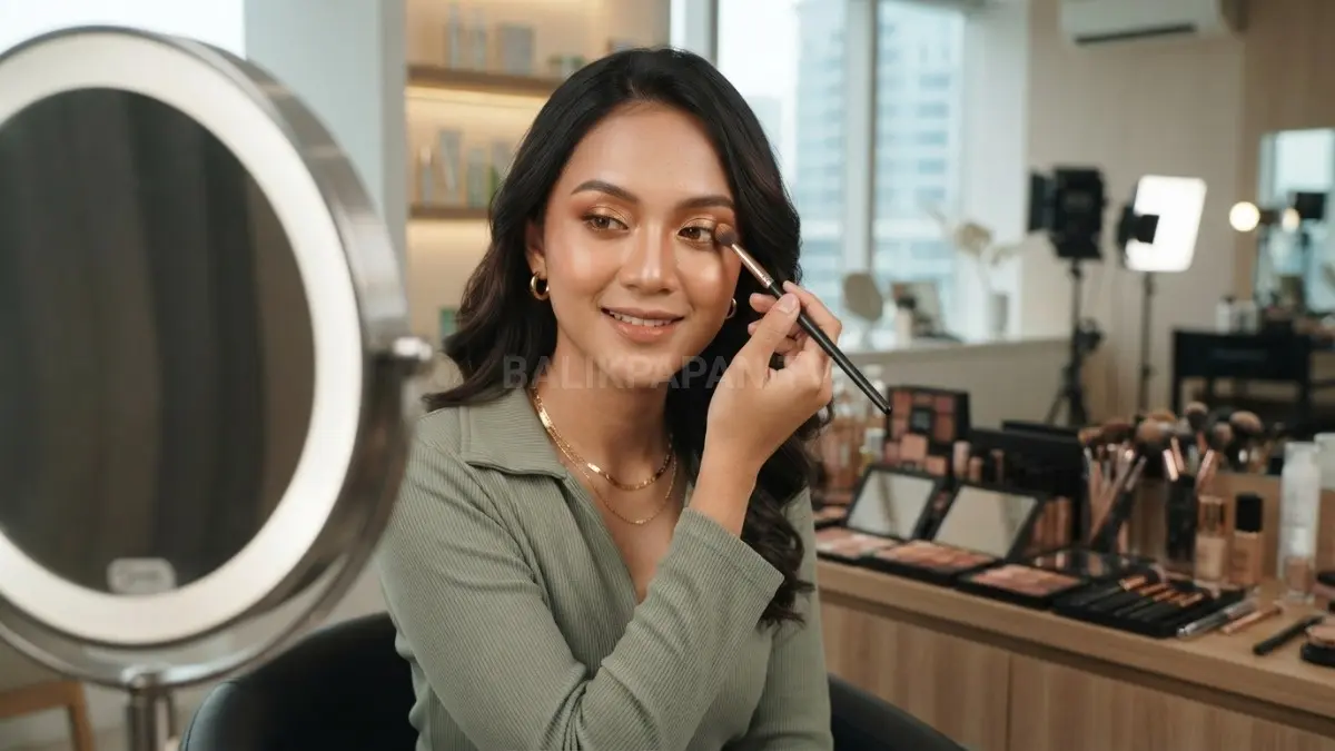 Warna eyeshadow selaras aksesori membantu makeup menyatu dengan baju adat dan membuat tampilan fashion show semakin harmonis. (BTV/AI)
