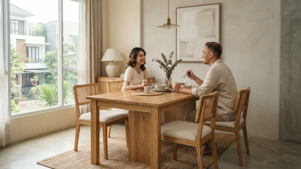 Warna netral menciptakan ruang makan modern yang hangat, elegan, seimbang, dan tetap nyaman dipandang (BTV/AI)