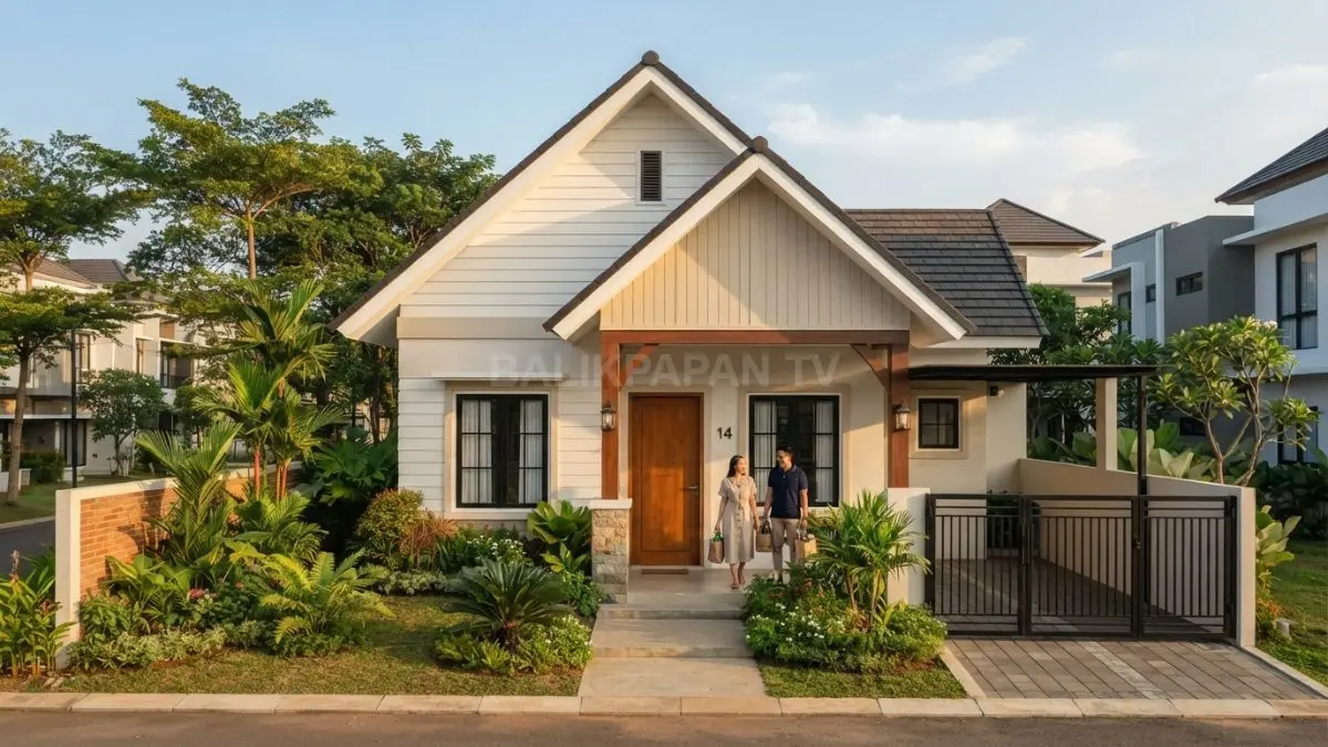 American Cottage minimalis memadukan atap pelana, pintu kayu, warna netral, serta sentuhan Farmhouse modern yang hangat. (BTV/AI)