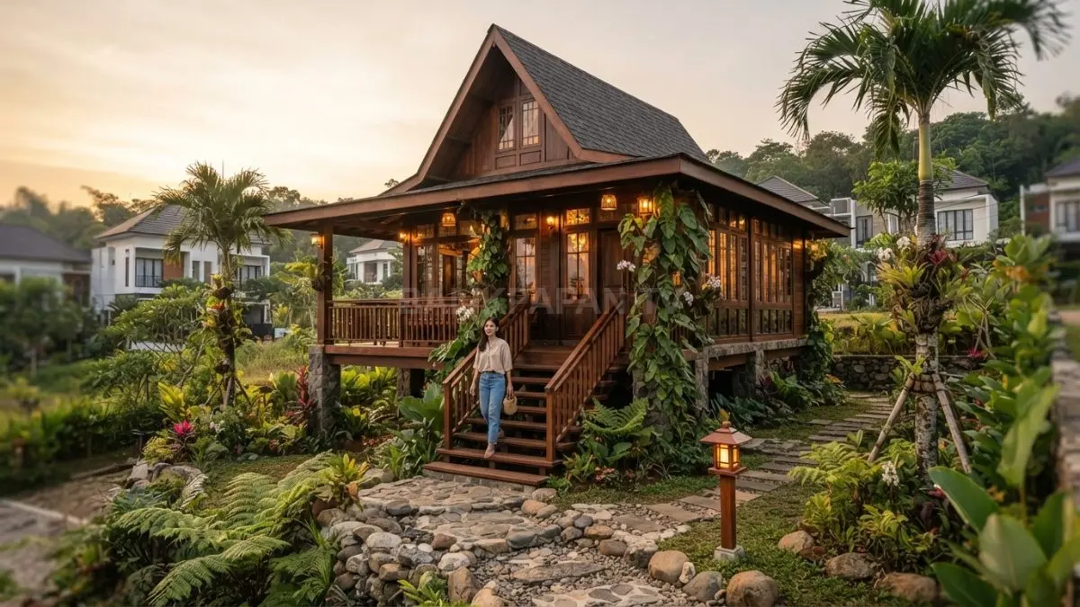 Cottage tropis bergaya rumah panggung memadukan kayu, atap pelana, teras, taman, dan sentuhan dongeng. (BTV/AI)