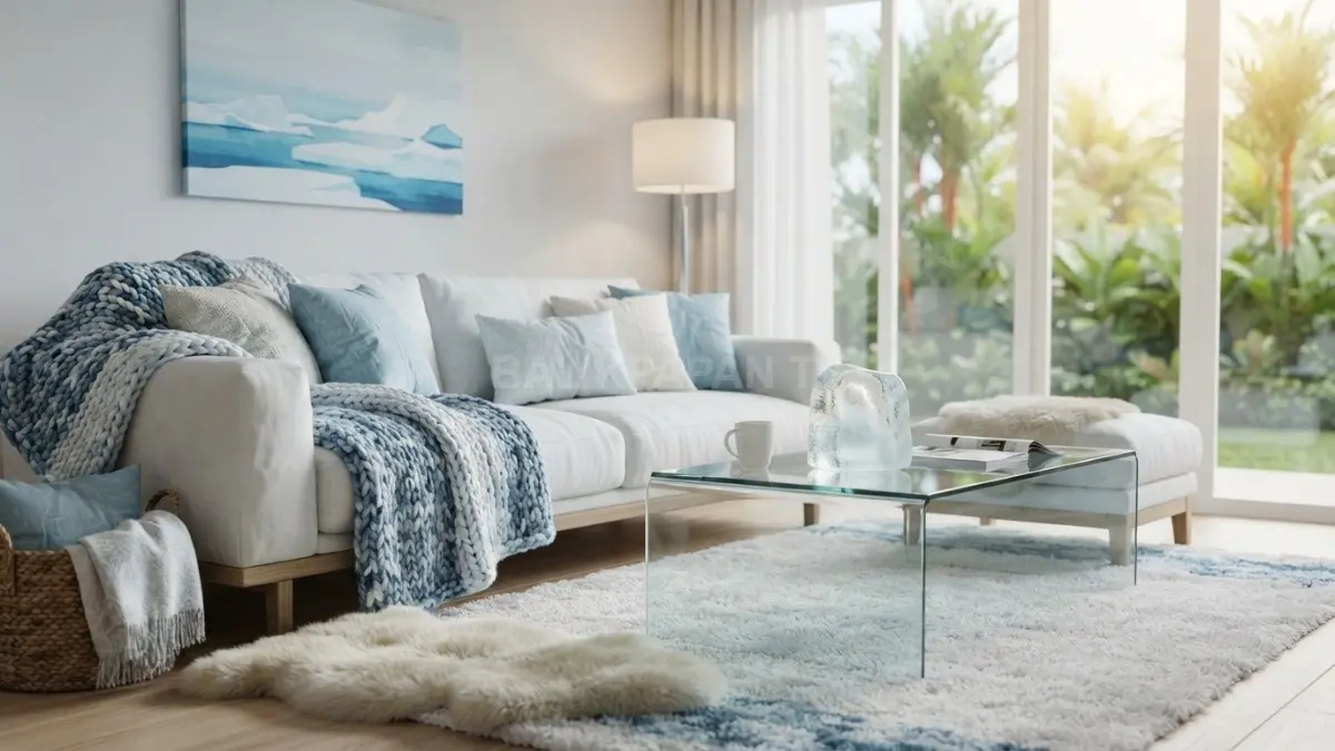 Dekorasi Antartika menghadirkan tekstur lembut melalui karpet, selimut rajut, cushion, linen, serta tirai nyaman. (BTV/AI)