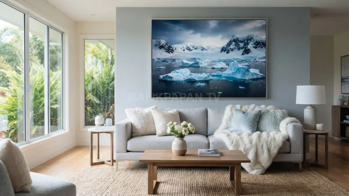 Dekorasi dinding bertema Antartika menghadirkan lanskap es, iceberg, pegunungan salju, dan aksen biru sebagai focal point ruangan. (BTV/AI)