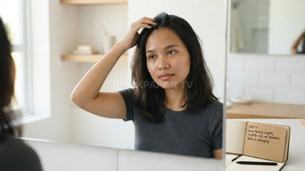 Eksperimen tanpa sampo memasuki minggu kedua untuk memantau perubahan kadar minyak pada rambut. (BTV/Ai)