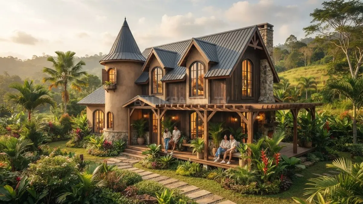 Fairy-tale farmhouse memadukan menara kecil, atap pelana, kayu, batu alam, taman, dan nuansa pedesaan hangat. (BTV/AI)