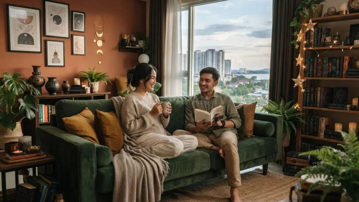 Home decor cozy fantasi memadukan warna lembut, tekstur hangat, pencahayaan nyaman, dan aksesori dekoratif penuh karakter. (BTV/AI)