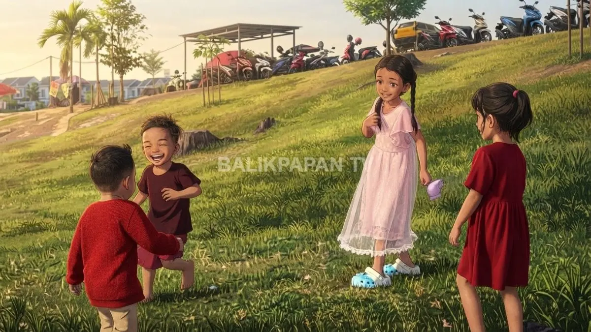 Ilustrasi anak-anak bermain bersama di area rerumputan Bukit Kebo dalam suasana ceria, santai, dan kebersamaan keluarga. (BTV/AI)