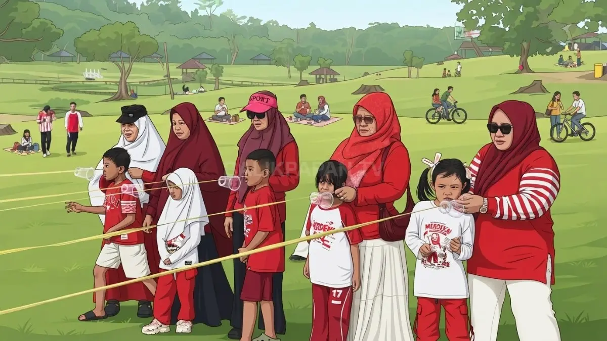 Ilustrasi sejumlah anak mengikuti lomba tiup gelas di Bukit Kebo dalam suasana semarak perayaan Hari Kemerdekaan Indonesia. (BTV/AI)