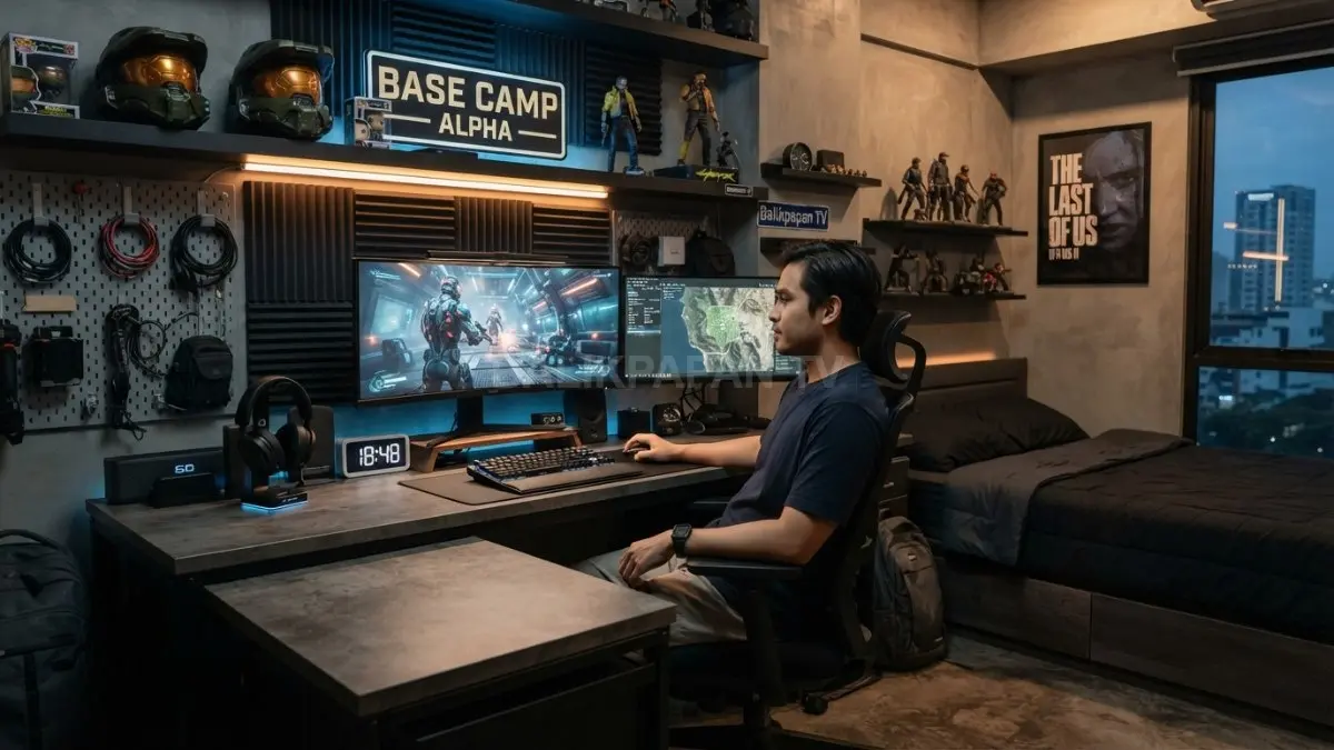 Kamar action game bergaya base camp memadukan warna gelap, meja kerja, monitor, rak modular, dan lampu LED. (BTV/AI)