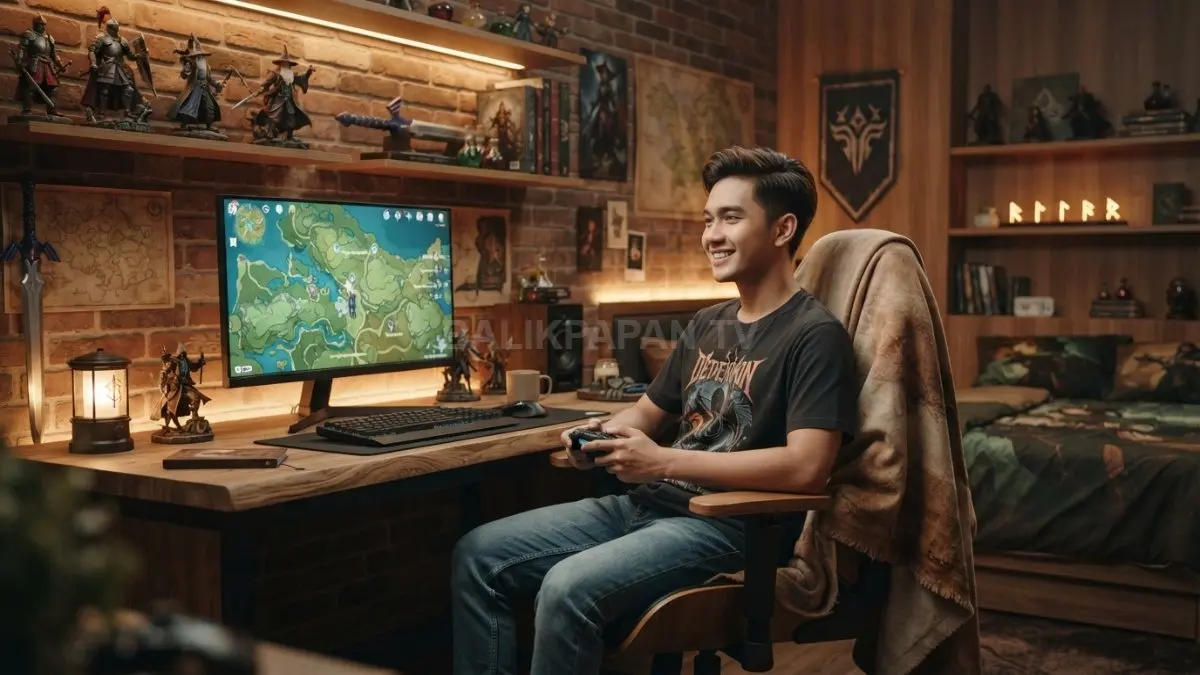 Kamar fantasy adventure menghadirkan suasana markas petualang melalui furnitur kayu, pencahayaan hangat, dan aksesori tematik. (BTV/AI)