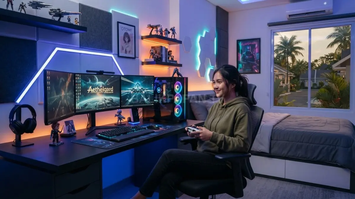 Kamar fantasy sci-fi memadukan aksen RGB, furnitur minimalis, monitor, panel dekoratif, dan rak melayang modern futuristik. (BTV/AI)