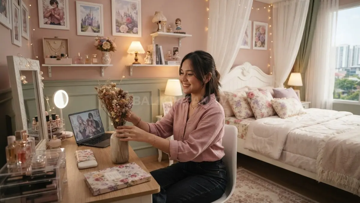 Kamar otome game menghadirkan nuansa romantis melalui warna pastel, furnitur dekoratif, floral, dan aksesori elegan. (BTV/AI)