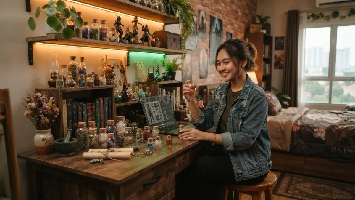 Kamar RPG Alchemist menghadirkan meja kayu, botol dekoratif, rak buku, tanaman kering, dan pencahayaan amber. (BTV/AI)