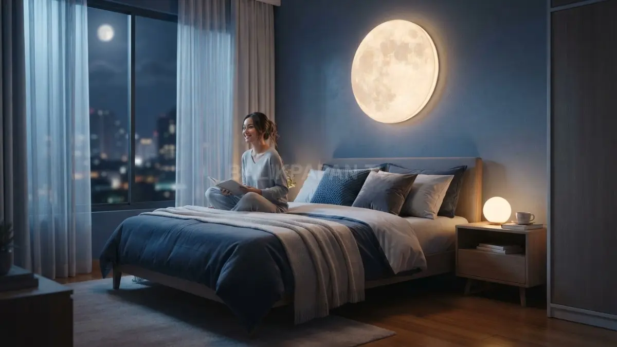 Kamar tidur bernuansa moonlit memadukan biru malam, pencahayaan lembut, tirai tipis, dan bedding berlapis. (BTV/AI)