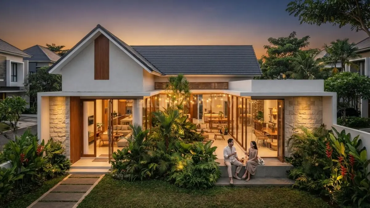 Modern European Villa menghadirkan courtyard, dinding putih, batu alam, kayu, kaca, dan tanaman hijau yang elegan. (BTV/AI)