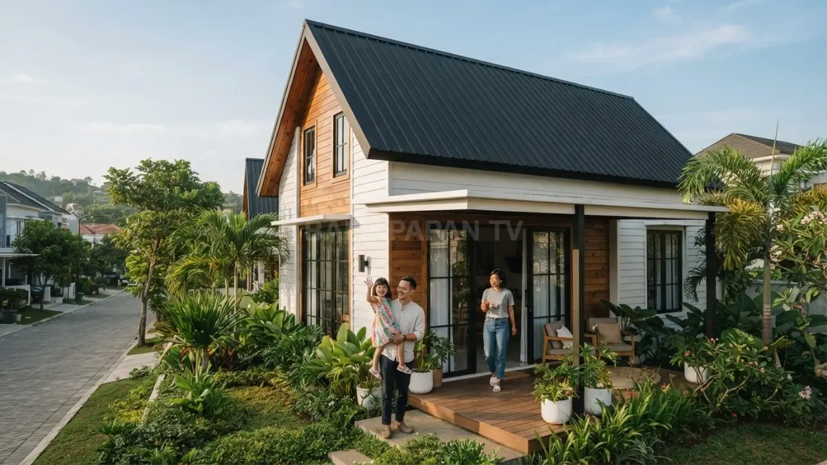 Modern farmhouse cottage memadukan atap gelap, fasad terang, jendela besar, material kayu, serta teras hangat. (BTV/AI)