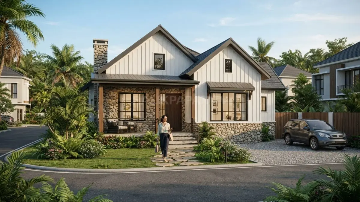 Modern Farmhouse Cottage memadukan fasad terang, batu alam, atap pelana gelap, kusen hitam, dan pintu kayu. (BTV/AI)