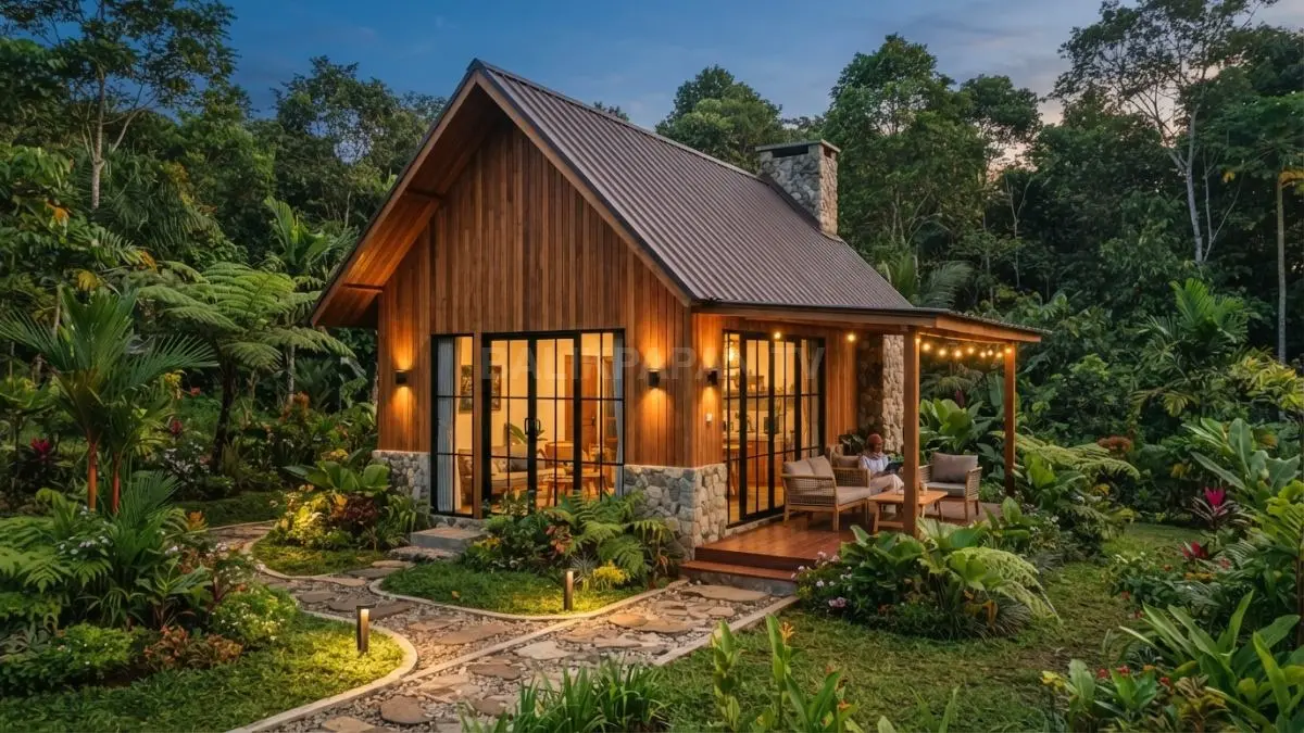 Nordic Forest Cottage memadukan dinding kayu, atap pelana, jendela lebar, teras, taman, dan pencahayaan hangat. (BTV/AI)