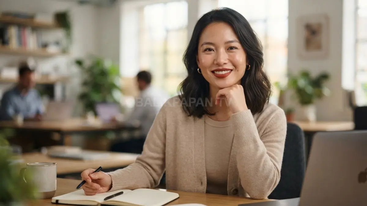 Pulasan lipstik terracotta memberikan kesan elegan nan percaya diri untuk tampilan profesional sehari-hari. (BTV/Ai)