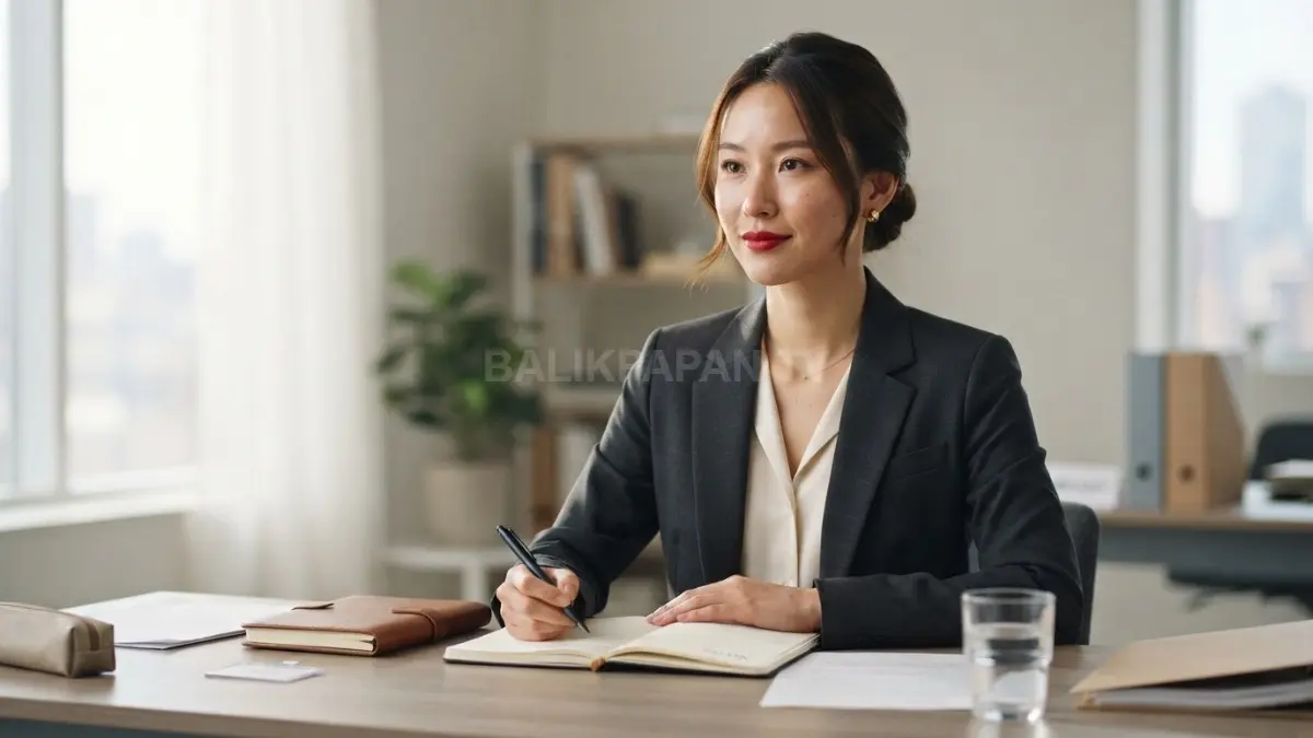 Riasan bibir merah elegan memancarkan rasa percaya diri wanita karier saat bersiap menghadapi ujian. (BTV/Ai)