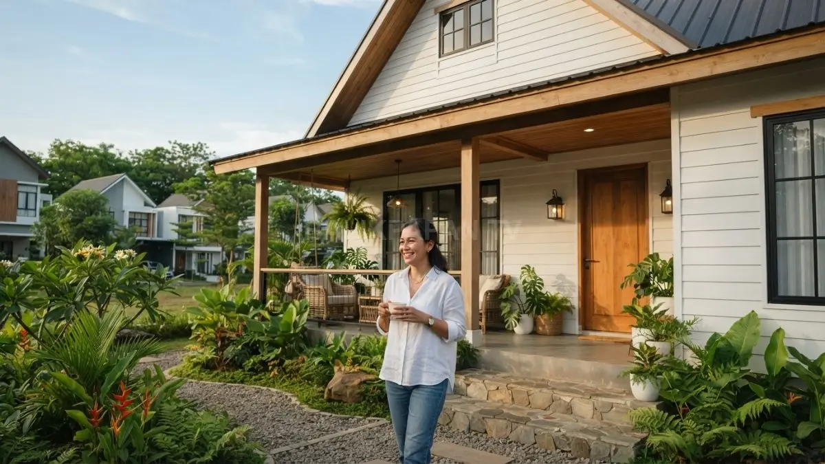 Rumah American Farmhouse dan Cottage memadukan atap pelana, teras, kayu, warna natural, serta desain modern. (BTV/AI)