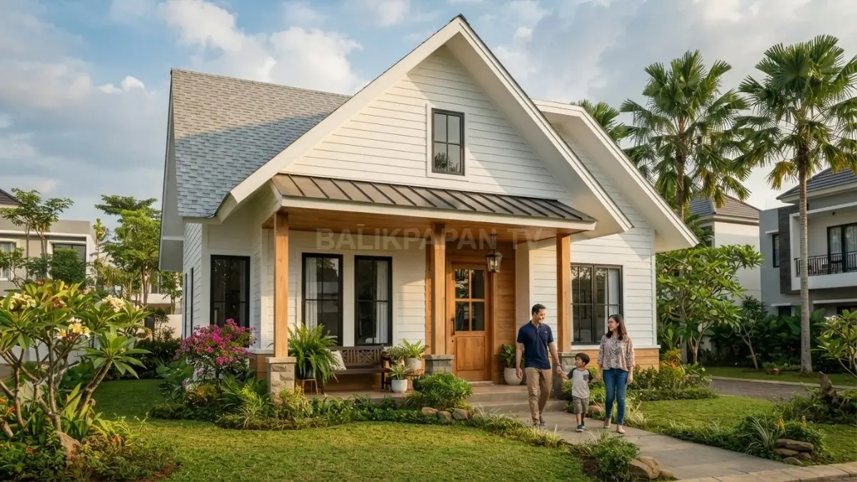 Rumah American Farmhouse memadukan fasad putih, kayu natural, atap pelana, teras, dan jendela tinggi. (BTV/AI)