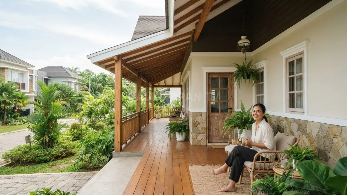 Rumah bergaya American Cottage memadukan atap pelana tinggi, teras memanjang, dinding krem, kayu, dan batu alam. (BTV/AI)