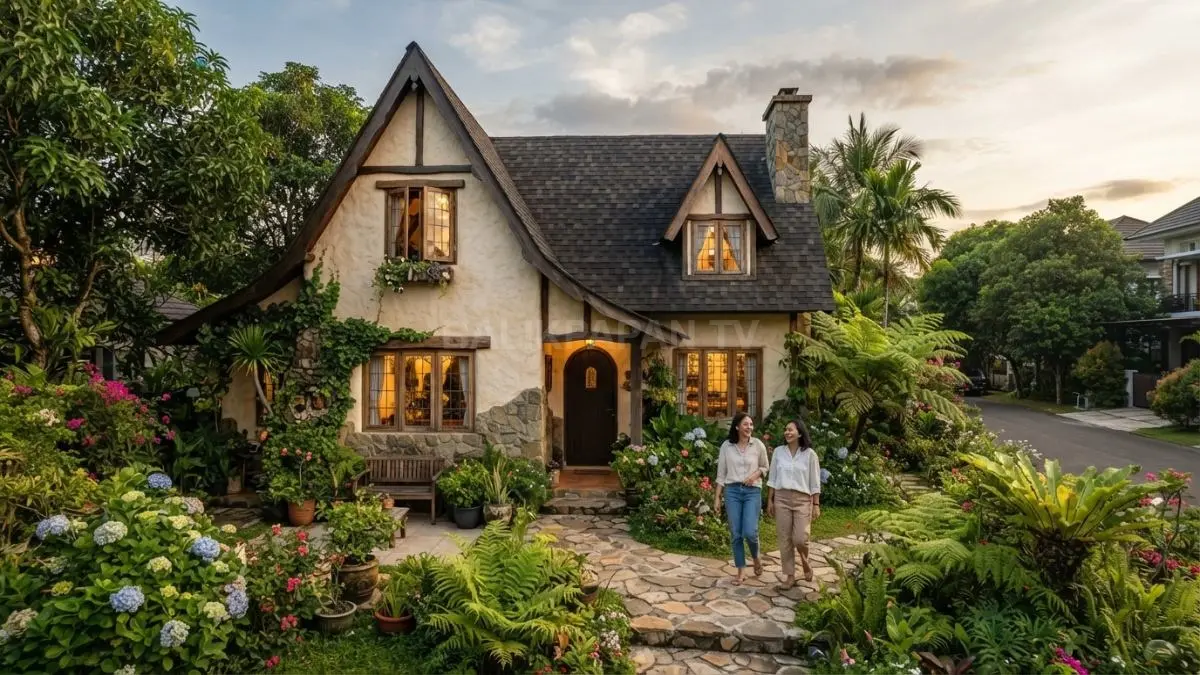 Rumah cottage bergaya dongeng memadukan atap curam, batu alam, jendela kayu, taman bunga, dan nuansa hangat. (BTV/AI)