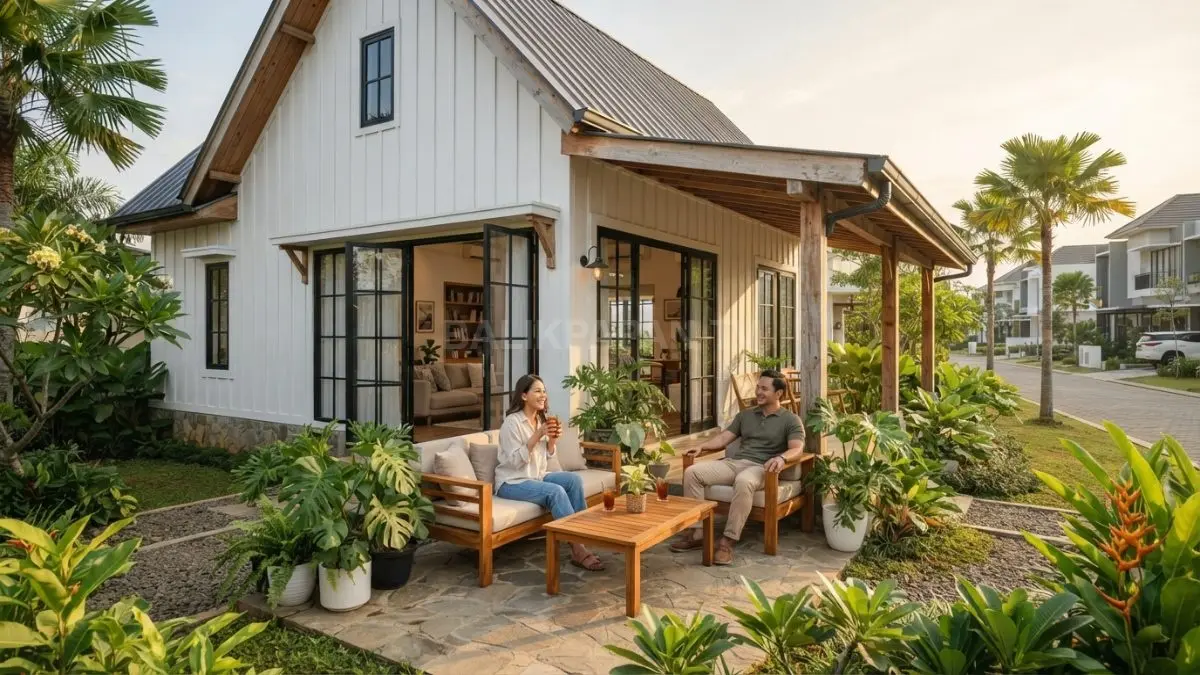 Rumah Farmhouse Cottage menghadirkan teras sudut, atap pelana, jendela besar, furnitur kayu, serta taman hijau. (BTV/AI)
