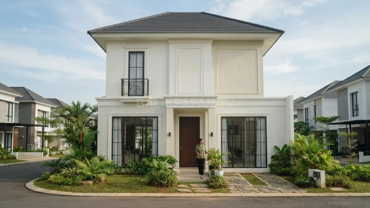 Rumah French modern minimalist menghadirkan fasad simetris, jendela tinggi, balkon kecil, serta warna netral elegan. (BTV/AI)