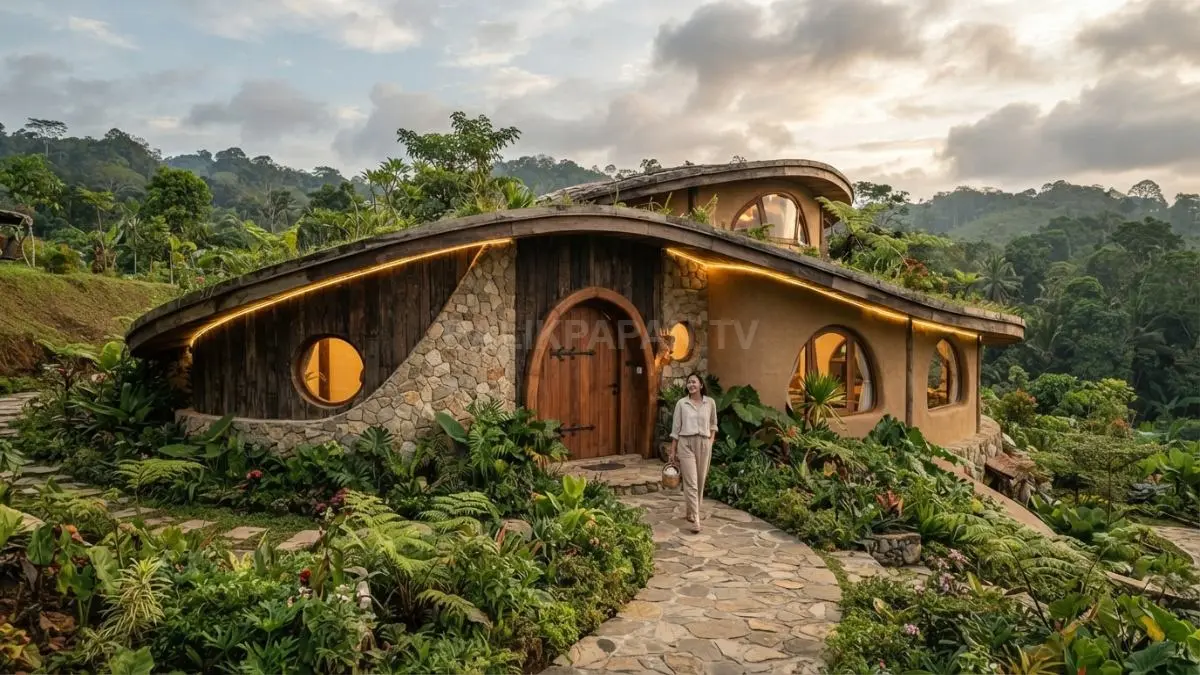 Rumah Hobbit tropis memadukan atap organik, batu alam, kayu, pintu lengkung, dan lanskap hijau alami. (BTV/AI)
