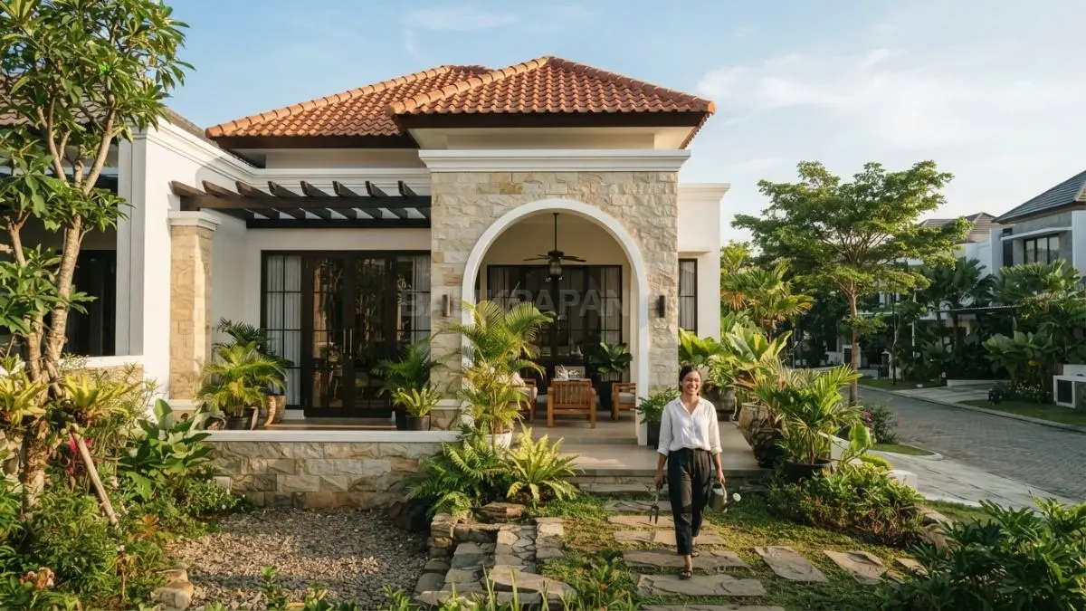Rumah Mediterranean modern memadukan fasad putih, aksen batu alam, lengkungan sederhana, teras, dan taman hijau. (BTV/AI)
